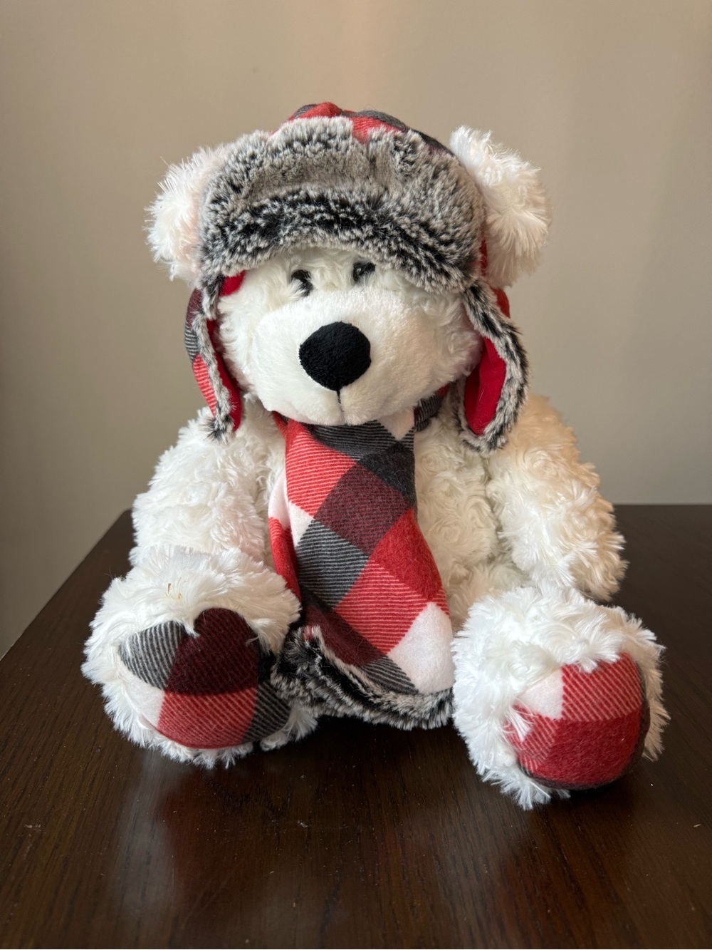 Hugfun Winter White Bear Plush Toy 17" Stuffed Animal Plaid Scarf Hat